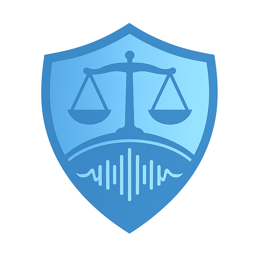 Shield with scales of justice and voice waveform